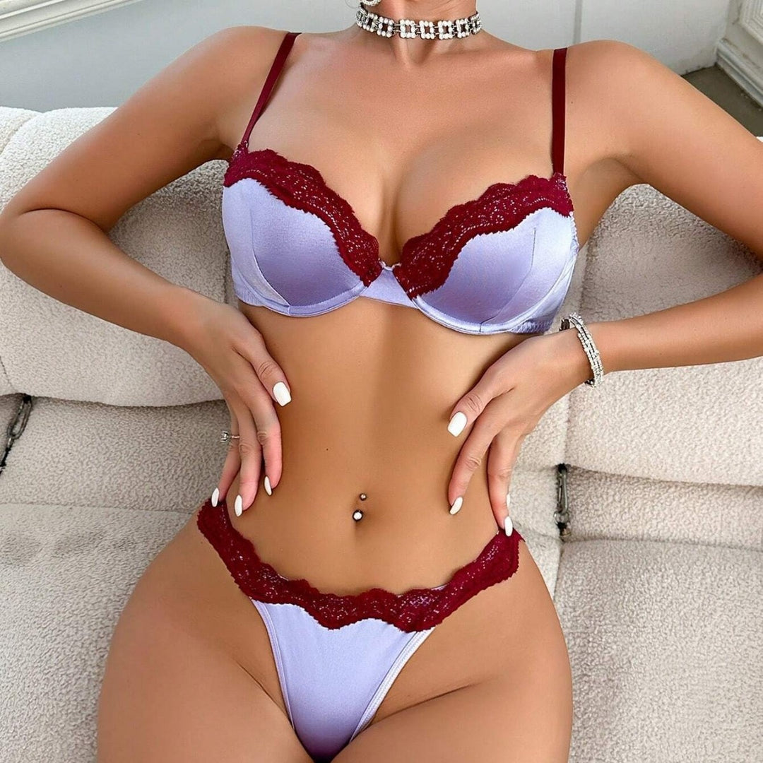 Elegant Lavender Satin Lace Lingerie Set