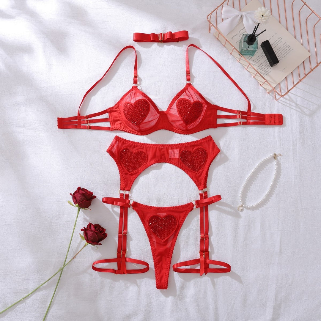Sparkling Heart Sheer Mesh Garter Lingerie Set