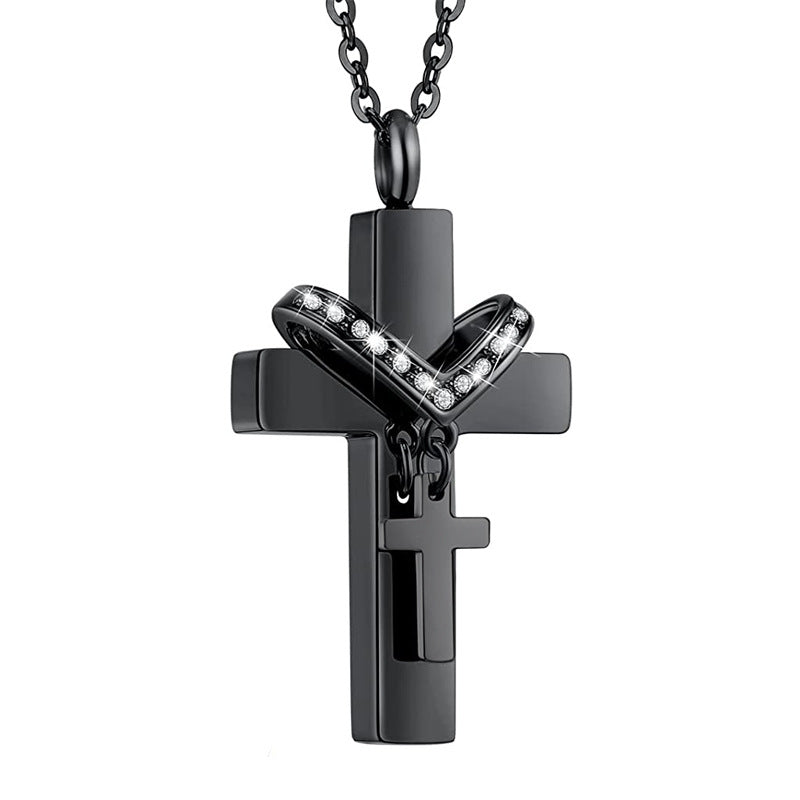 Diamond-Inlaid Heart Religious Pendant  Openable Cross Memorial Necklace