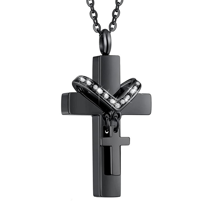 Diamond-Inlaid Heart Religious Pendant  Openable Cross Memorial Necklace