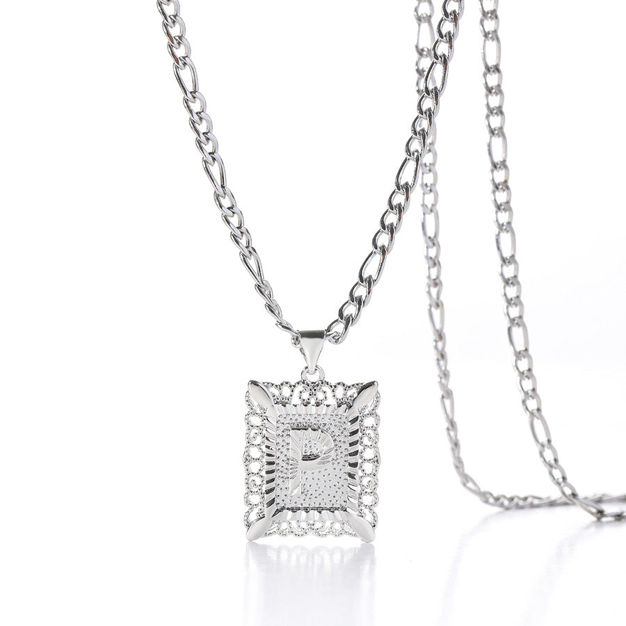 Vintage Square Letter Pendant Necklace
