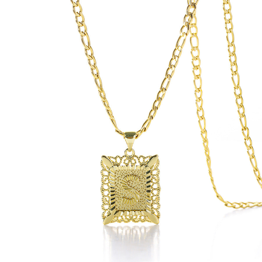 Vintage Square Letter Pendant Necklace
