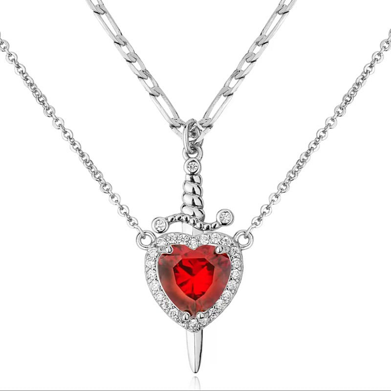 Sword - Heart Double - Layer Cuban Link Necklace (Gold/Silver, Multi - Gem Version)