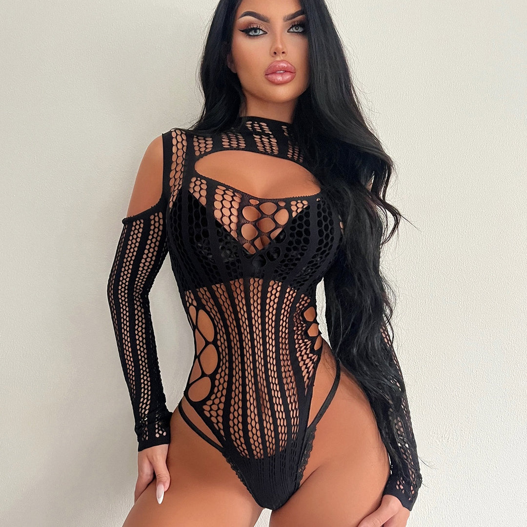 Cold-Shoulder Distressed Fishnet Teddy