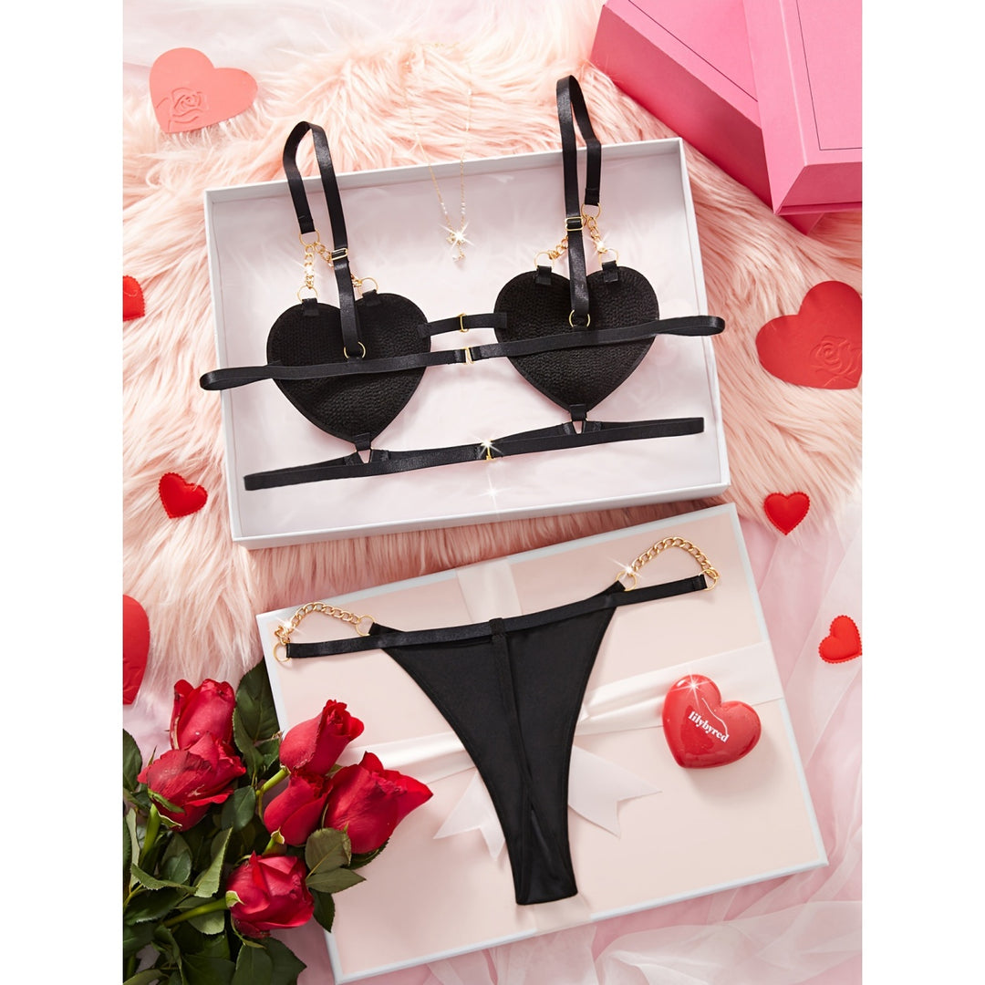 Velvet Heart Chain Strappy Bra & Thong Set