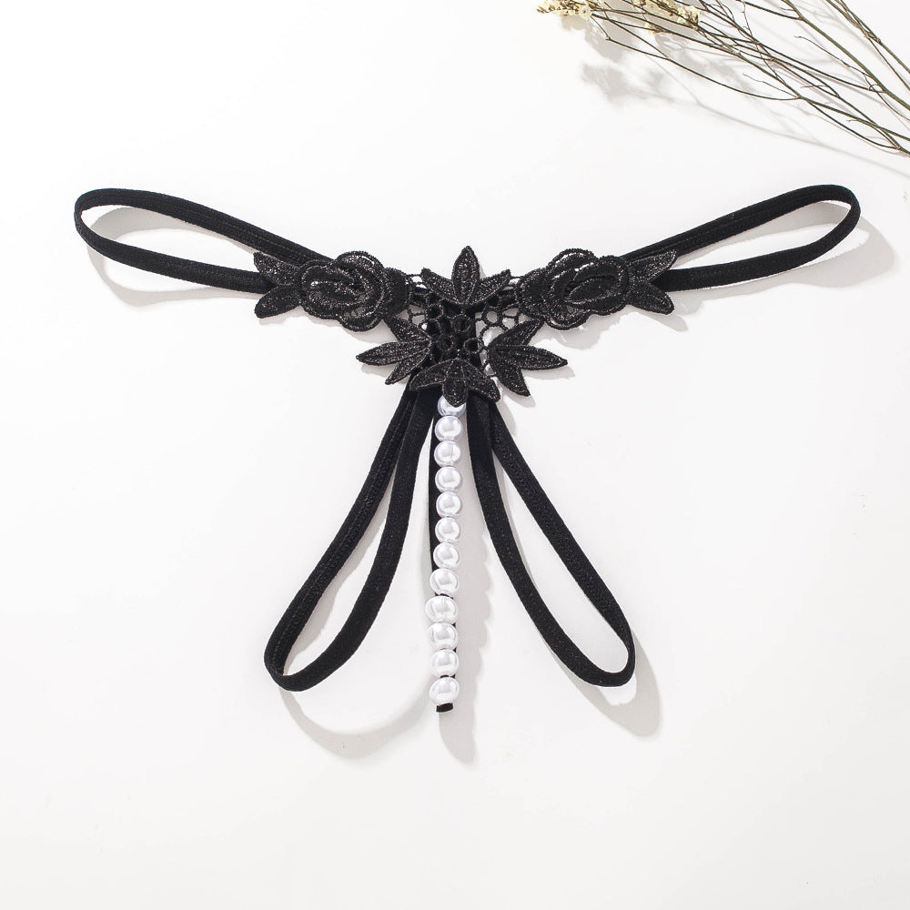 Floral Lace Pearl Ribbon Thong Panties Set