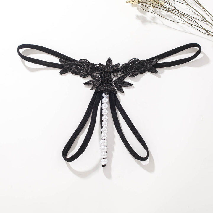 Floral Lace Pearl Ribbon Thong Panties Set