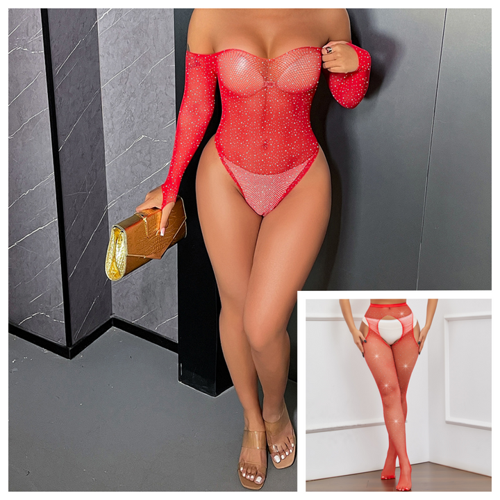 Sparkling Rhinestone Fishnet Bodysuit & Garter Stockings Set