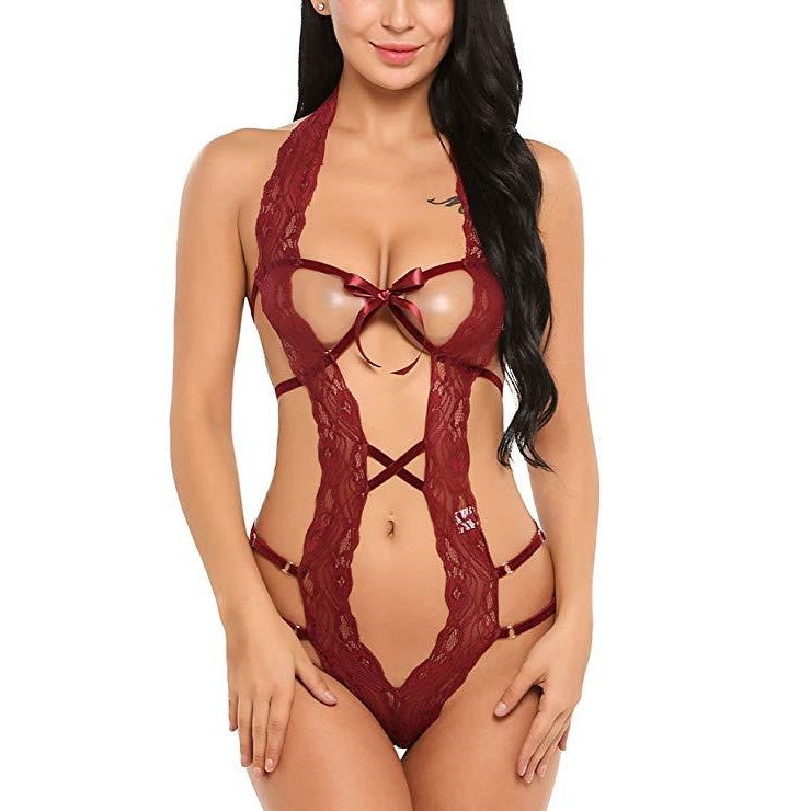 Halter Lace Crisscross Cutout Teddy Bodysuit