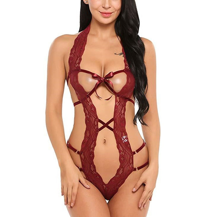 Halter Lace Crisscross Cutout Teddy Bodysuit