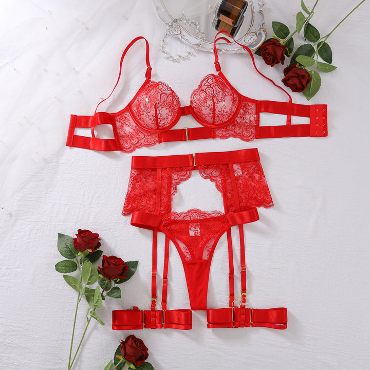 Sheer Embroidery Eyelash Lace 4-Piece Lingerie Set