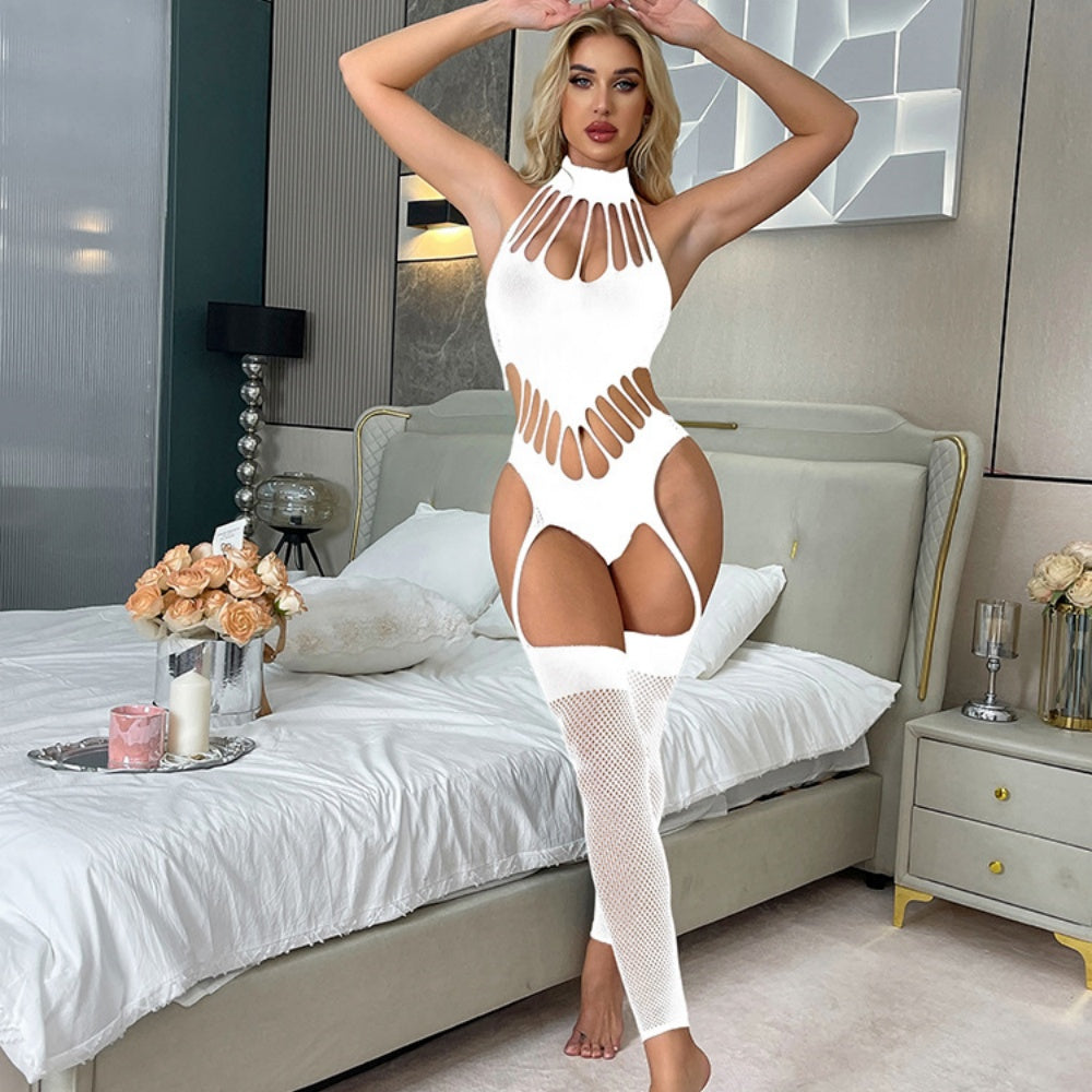 Shredded Strap High-Neck Garter Bodystocking