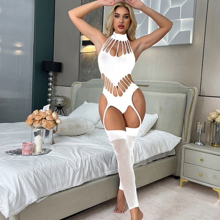 Shredded Strap High-Neck Garter Bodystocking