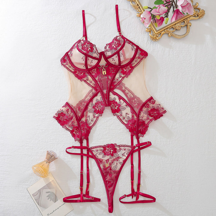 Floral Lace Strappy Garter Teddy with Lock Charm