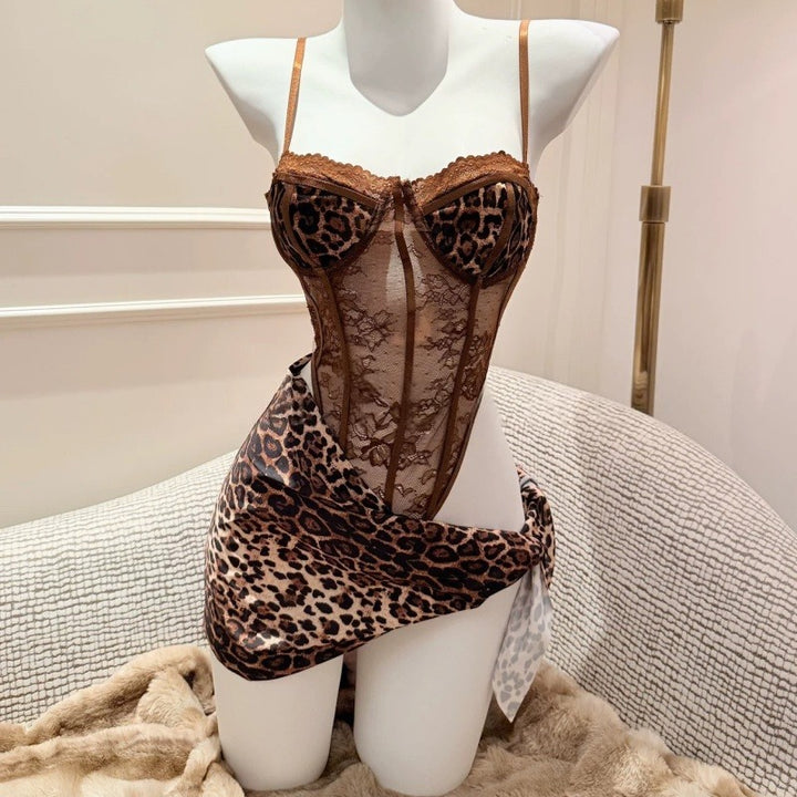 Wild Leopard Lace Corset Teddy & Sarong Set