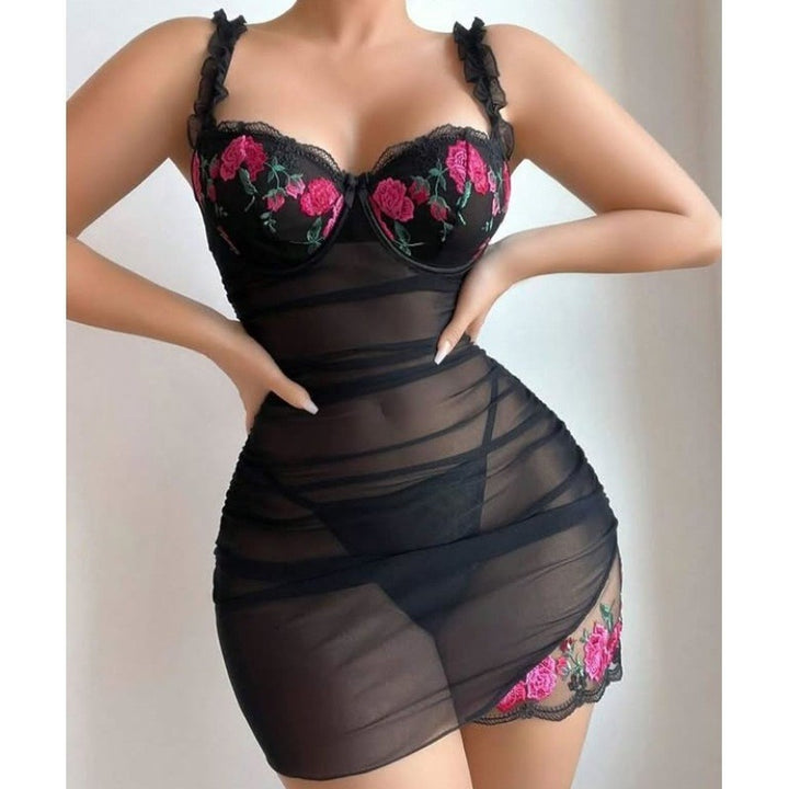 Rose Embroidery Ruched Mesh Mini Dress