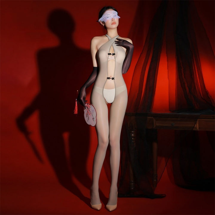 Glossy Open-Crotch Bodystocking with Frog Buttons