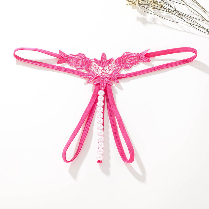 Floral Lace Pearl Ribbon Thong Panties Set