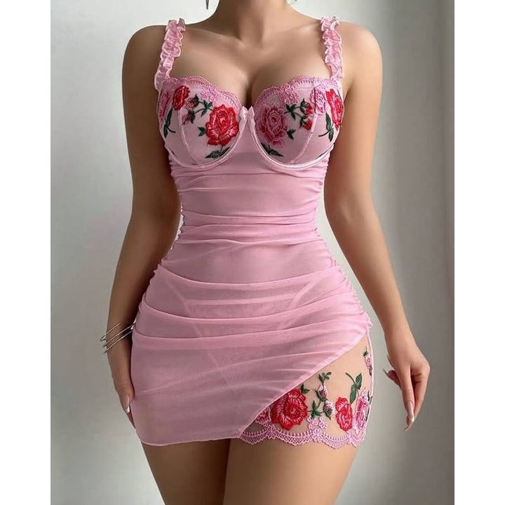 Rose Embroidery Ruched Mesh Mini Dress