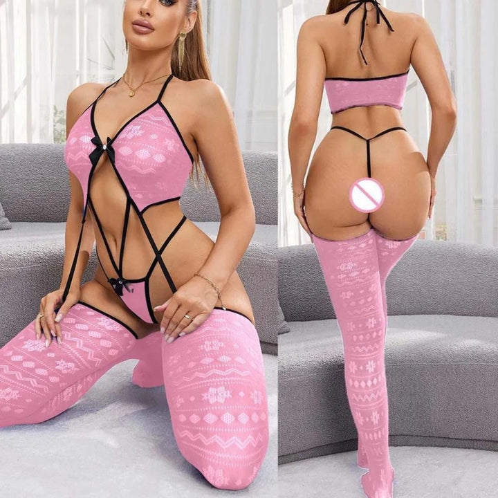 Lace Bow Strappy Garter Teddy & Patterned Stockings Set