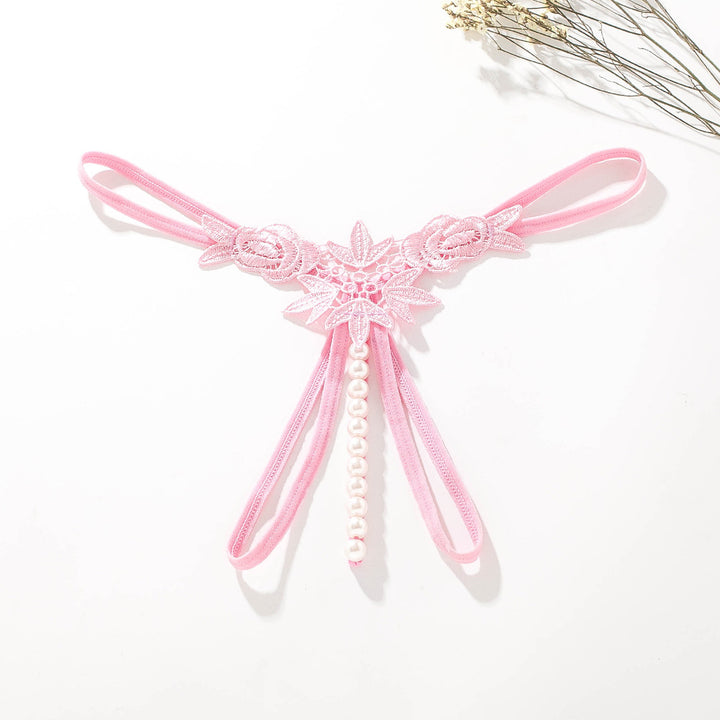 Floral Lace Pearl Ribbon Thong Panties Set