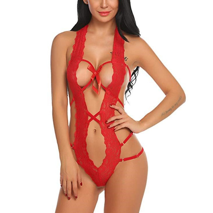 Halter Lace Crisscross Cutout Teddy Bodysuit