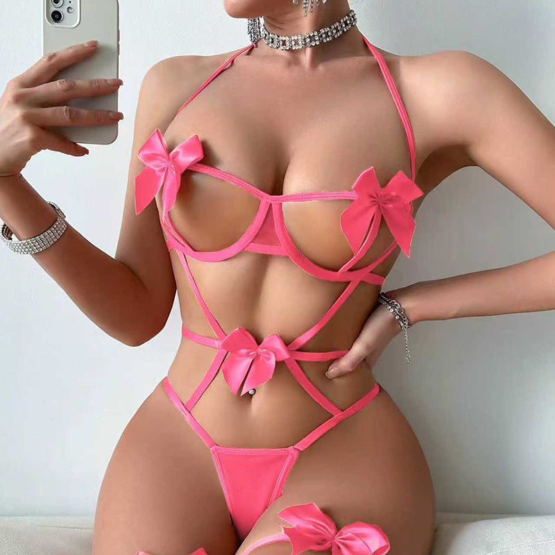 Satin Bow Strappy Open-Cup Harness Set