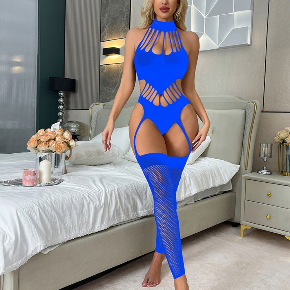 Shredded Strap High-Neck Garter Bodystocking