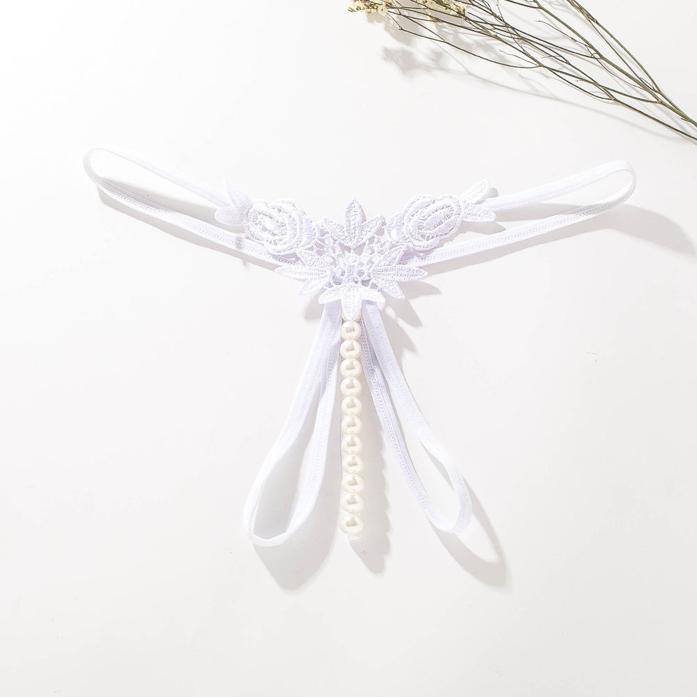 Floral Lace Pearl Ribbon Thong Panties Set