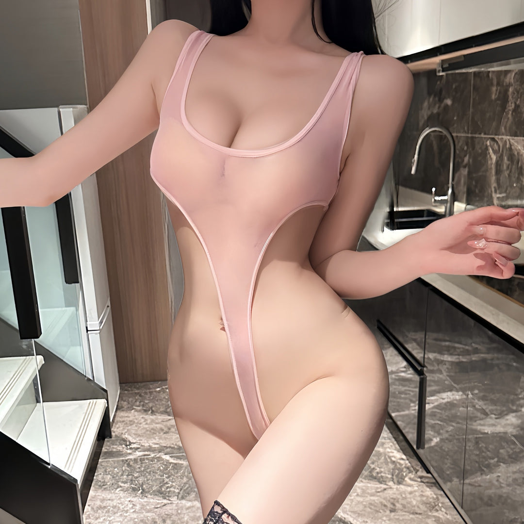 Sheer Mesh High-Cut Halter Bodysuit