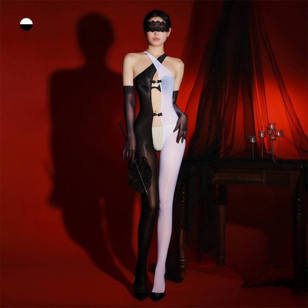 Glossy Open-Crotch Bodystocking with Frog Buttons