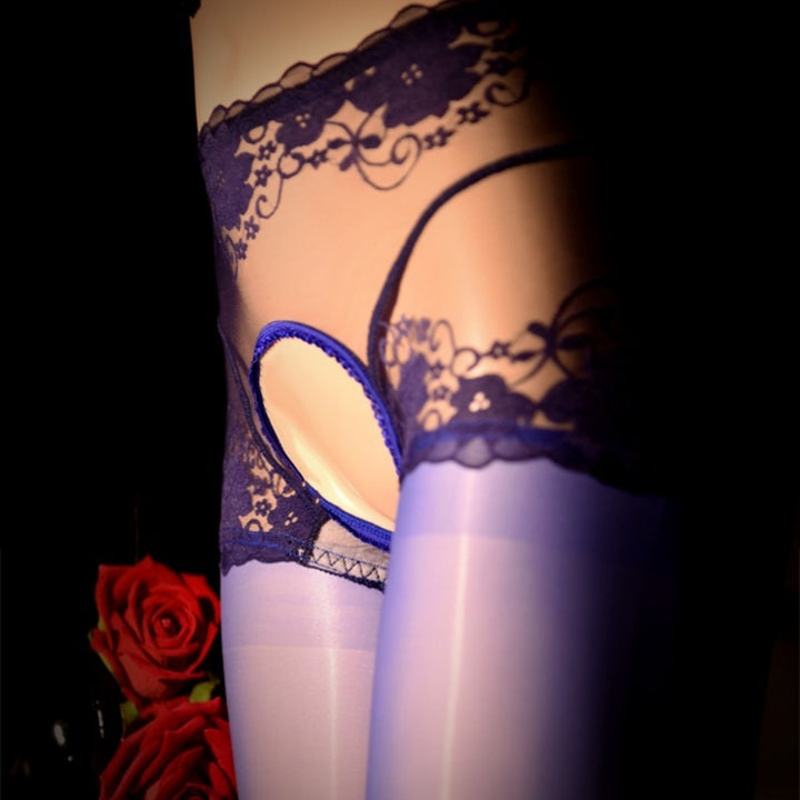 Glossy Open-Crotch Lace Pantyhose