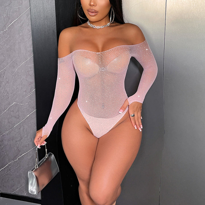 Off-Shoulder Rhinestone Fishnet Teddy