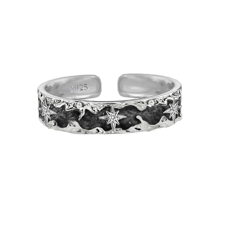Star patterned silver couple's open mouth matching ring