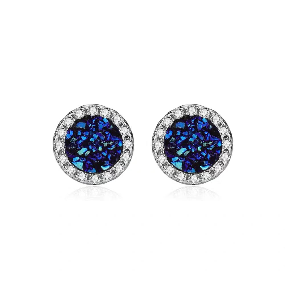 Multi-Color Druzy Crystal Diamond-Inlaid Round Earrings