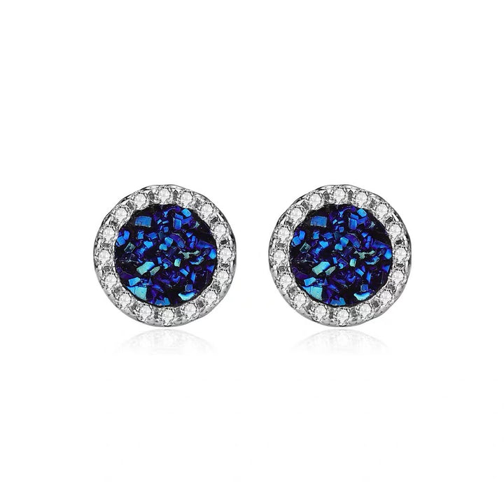 Multi-Color Druzy Crystal Diamond-Inlaid Round Earrings