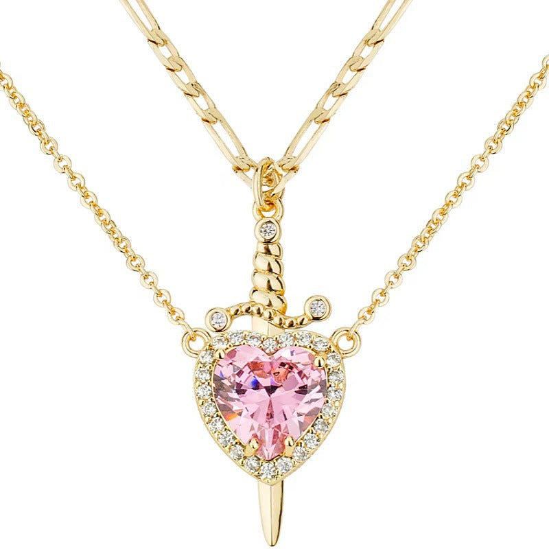 Sword - Heart Double - Layer Cuban Link Necklace (Gold/Silver, Multi - Gem Version)