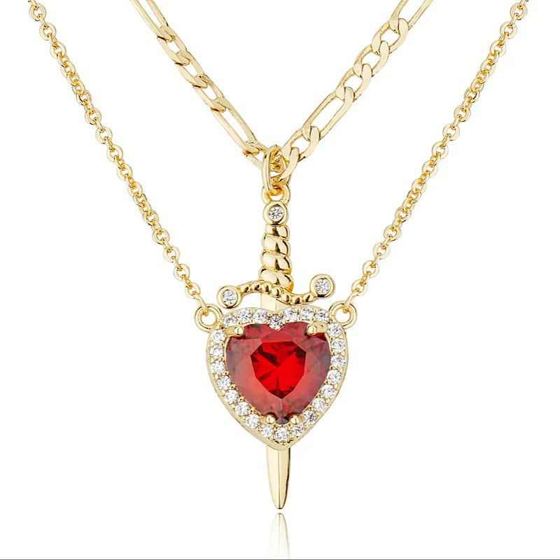 Sword - Heart Double - Layer Cuban Link Necklace (Gold/Silver, Multi - Gem Version)