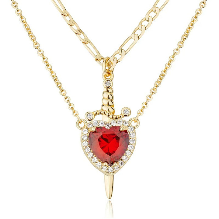 Sword - Heart Double - Layer Cuban Link Necklace (Gold/Silver, Multi - Gem Version)