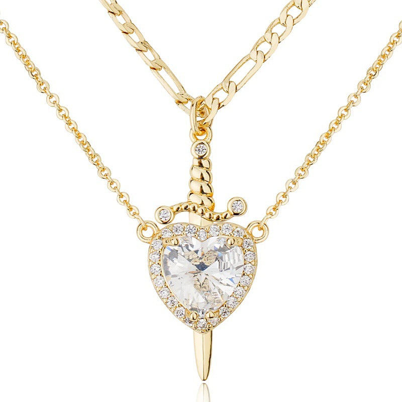 Sword - Heart Double - Layer Cuban Link Necklace (Gold/Silver, Multi - Gem Version)