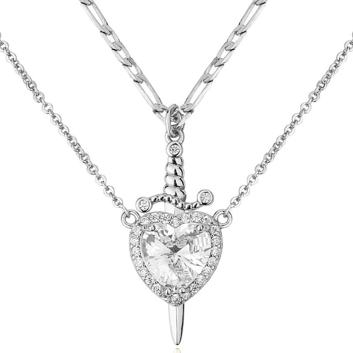 Sword - Heart Double - Layer Cuban Link Necklace (Gold/Silver, Multi - Gem Version)