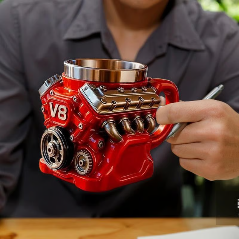 Engine-Themed Coffee Mug, Realistic V8 Engine Stainless Steel Mug