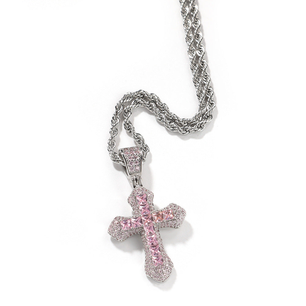 Twisted Chain Inlaid Imitation Diamond Religious Streetwear Pendant Hip-Hop Full-Diamond Cross Necklace