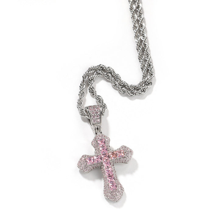 Twisted Chain Inlaid Imitation Diamond Religious Streetwear Pendant Hip-Hop Full-Diamond Cross Necklace