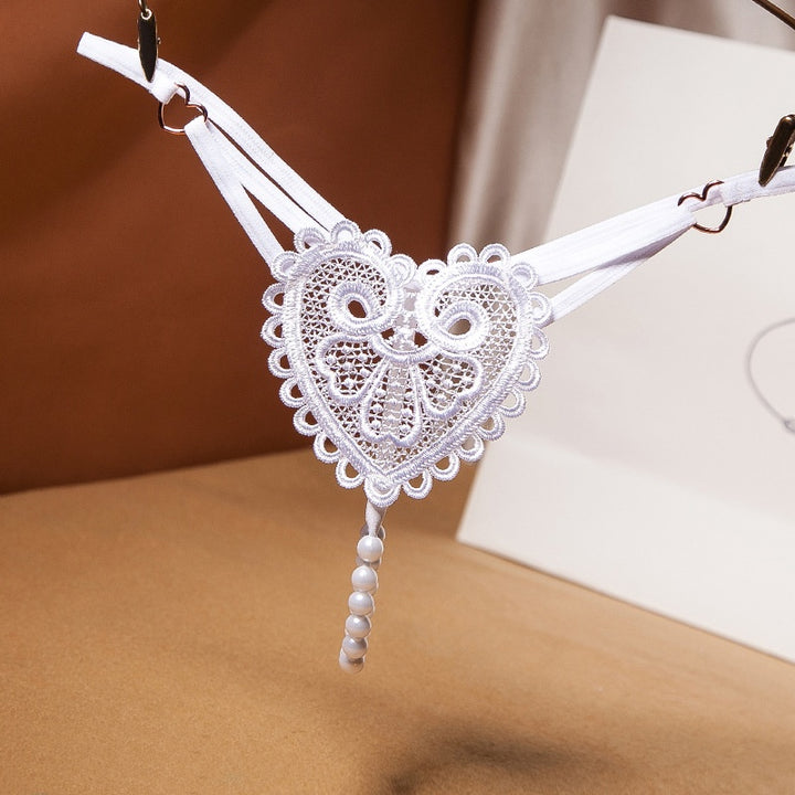 Heart Lace Pearl Tassel Open Crotch Thong