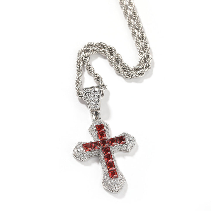 Twisted Chain Inlaid Imitation Diamond Religious Streetwear Pendant Hip-Hop Full-Diamond Cross Necklace