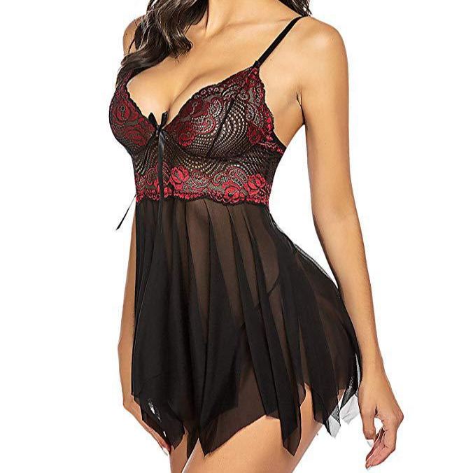 Lace Mesh Babydoll Lingerie Nightdress with Adjustable Straps