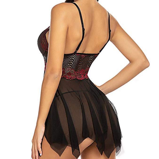 Lace Mesh Babydoll Lingerie Nightdress with Adjustable Straps
