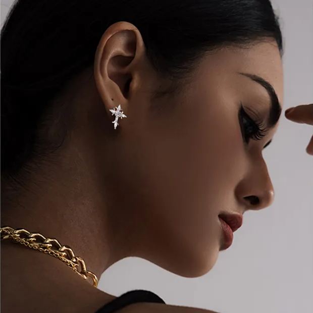 Silver Full-Diamond Cross Earrings
