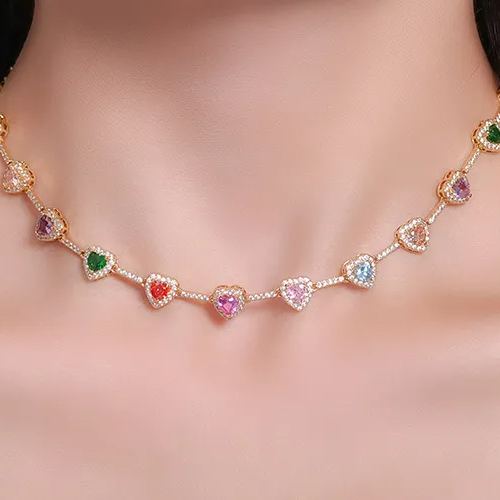 Multi-Color Heart-Shaped Colored Gemstone Necklace